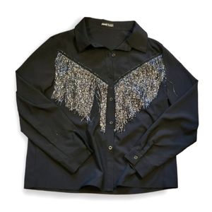 SHEIN Long sleeve black cowgirl fringe blouse button up
